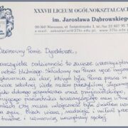 Podziękowanie dla Pana Dyrektora (sierpień 2021 r.)